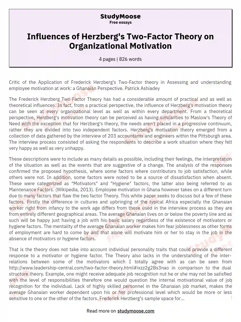 Critic of the Application of Frederick Herzberg’s Two-Factor theory in Assessing and understanding employee motivation at work: a Ghanaian Perspective