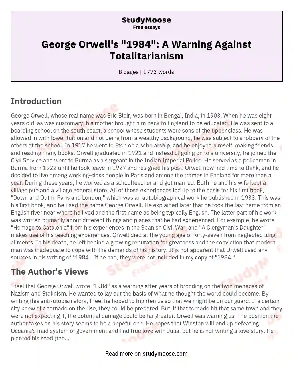 George Orwell's "1984": A Warning Against Totalitarianism essay