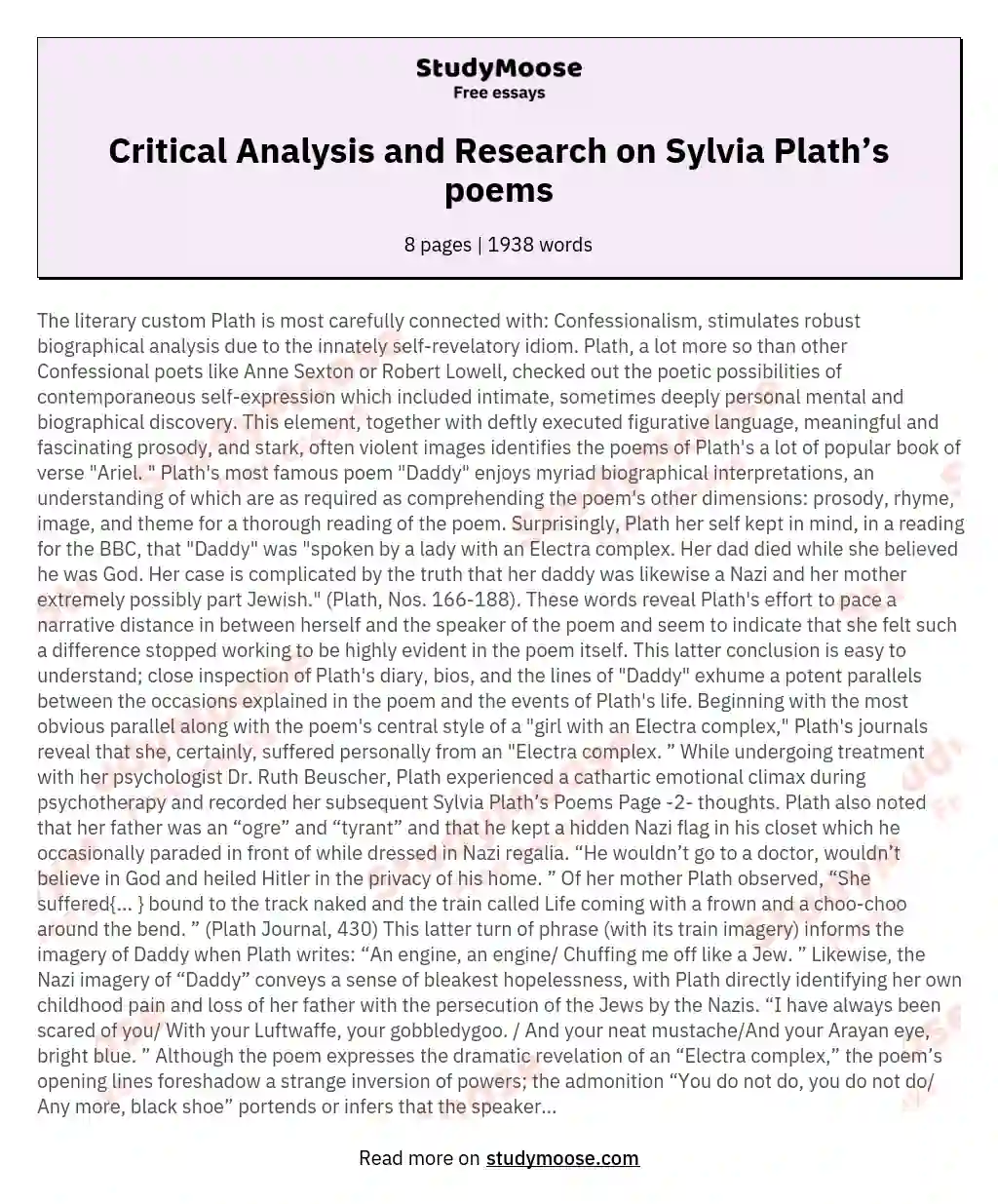 Critical Analysis and Research on Sylvia Plath’s poems