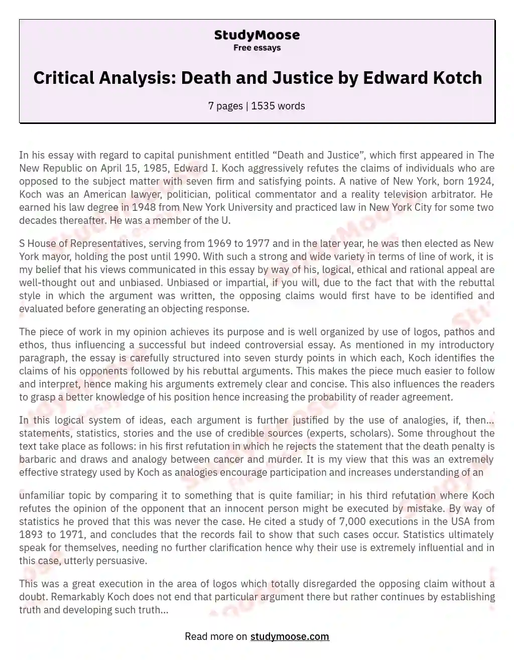 Critical Analysis: Death and Justice by Edward Kotch essay