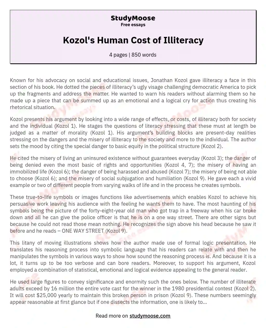 Kozol's Human Cost of Illiteracy essay