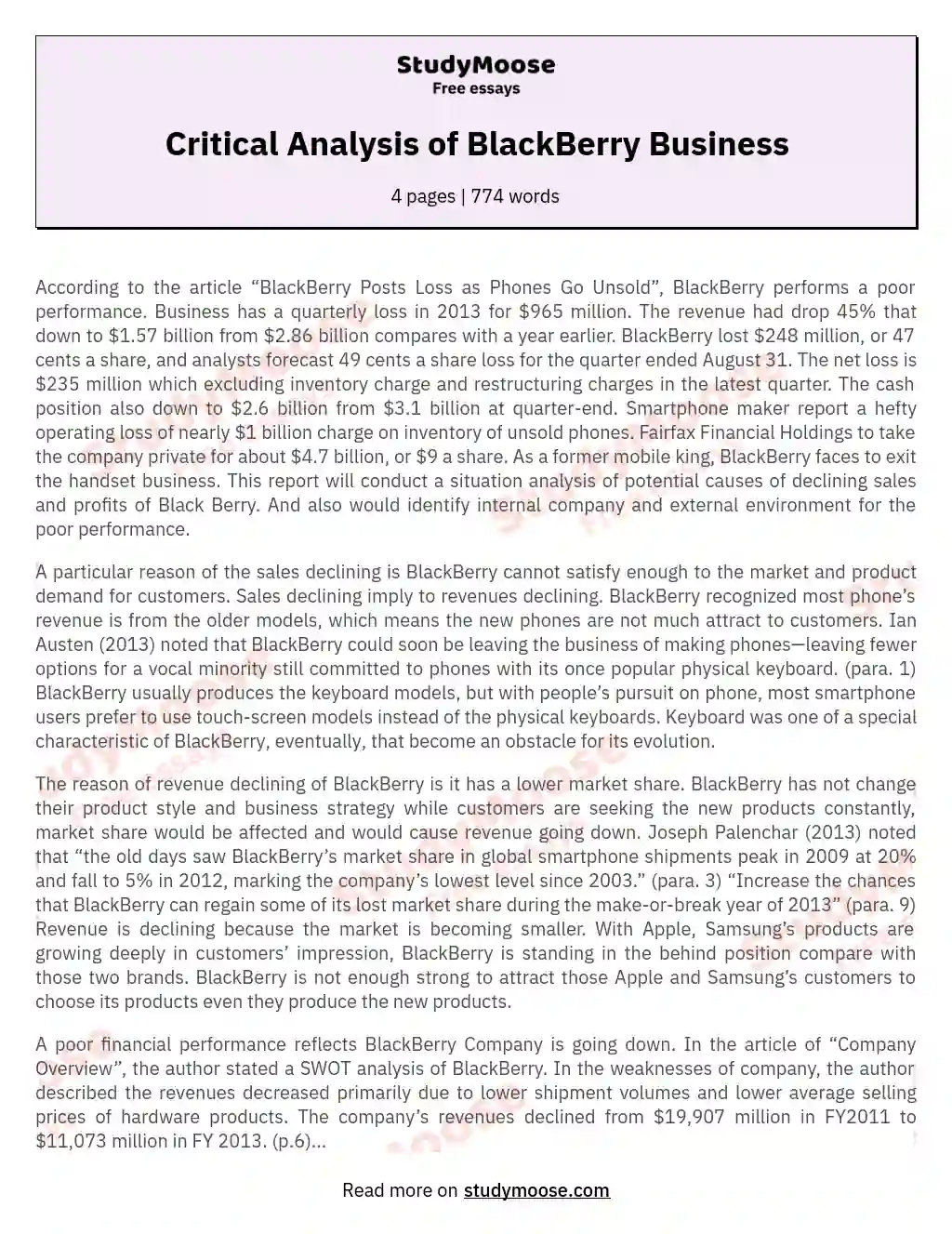 Critical Analysis of BlackBerry Business essay