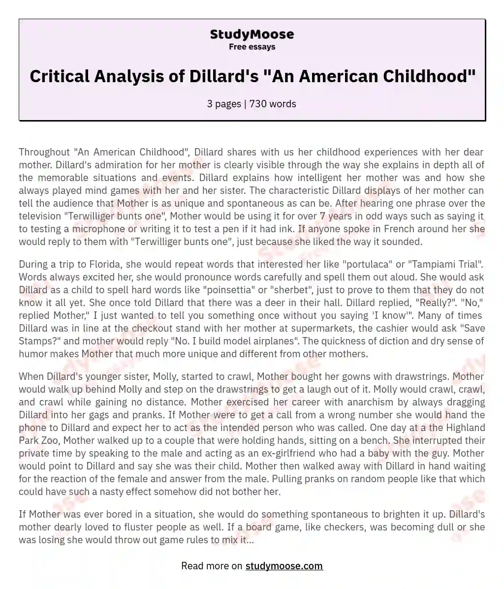 Critical Analysis of Dillard's "An American Childhood" essay