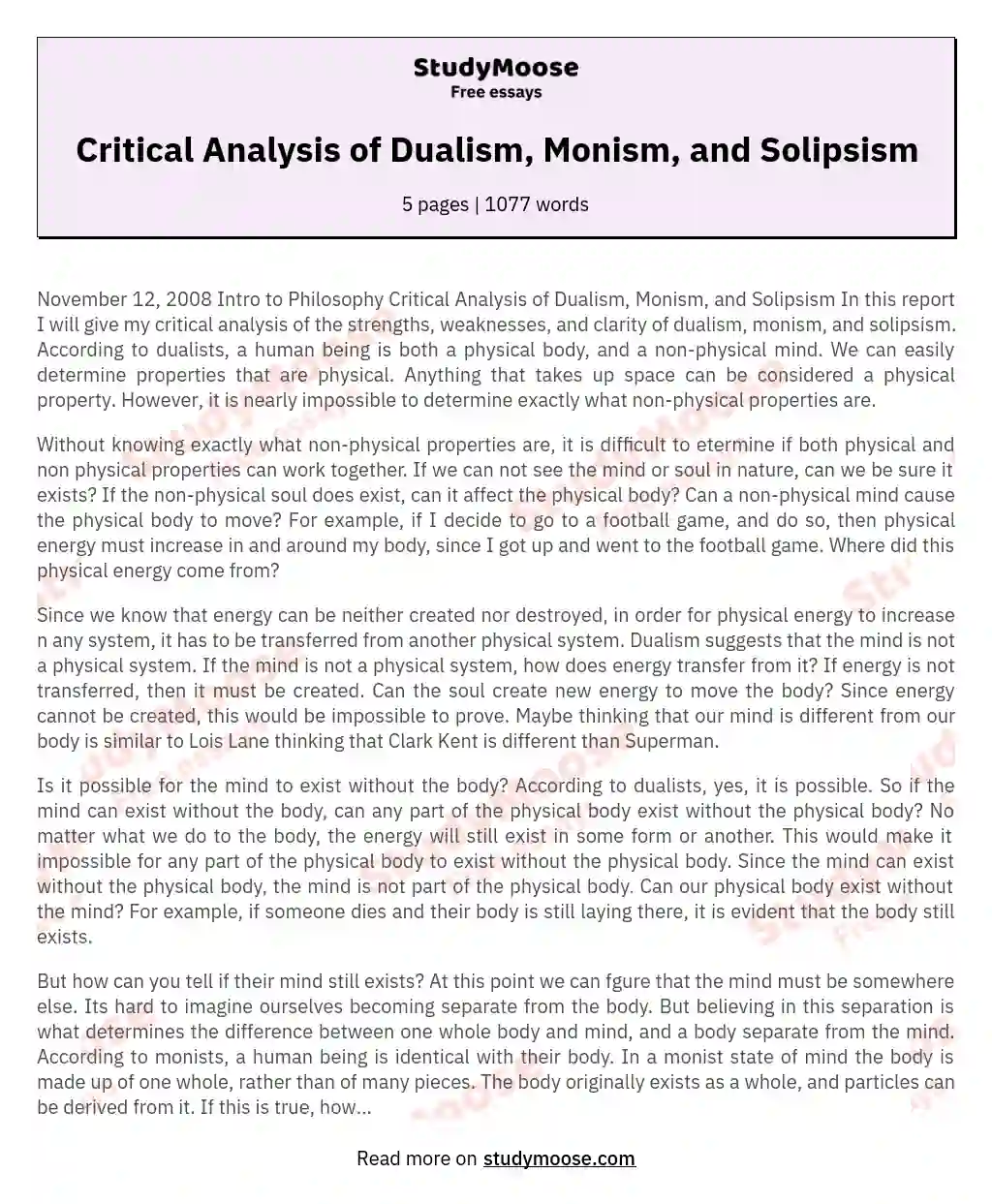 Critical Analysis of Dualism, Monism, and Solipsism essay