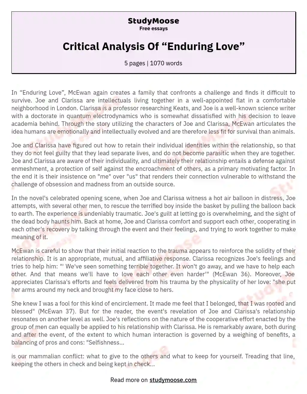 Critical Analysis Of “Enduring Love”