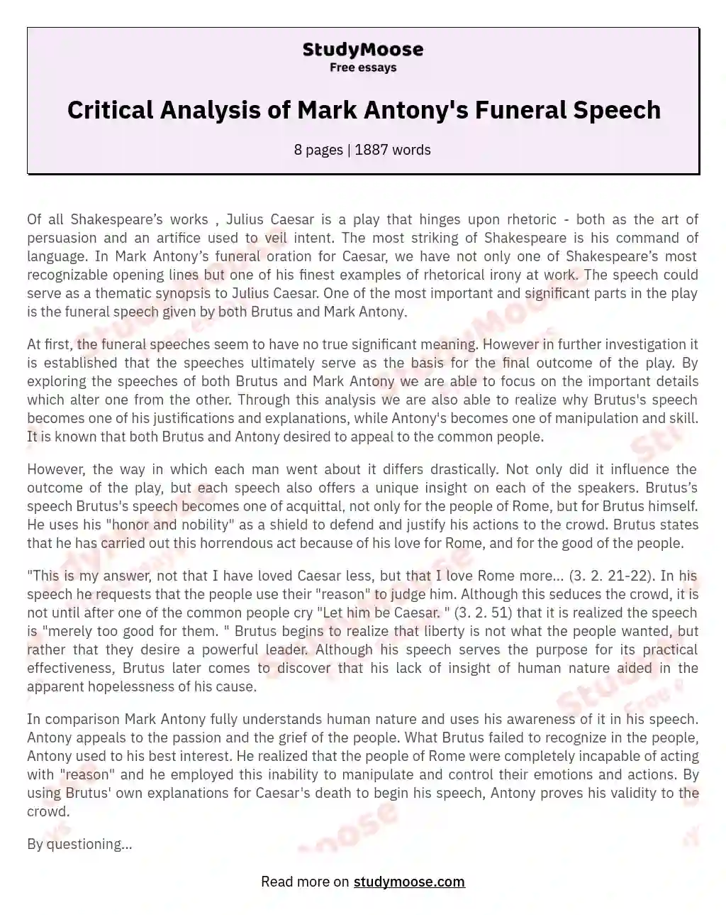 Critical Analysis of Mark Antony's Funeral Speech essay