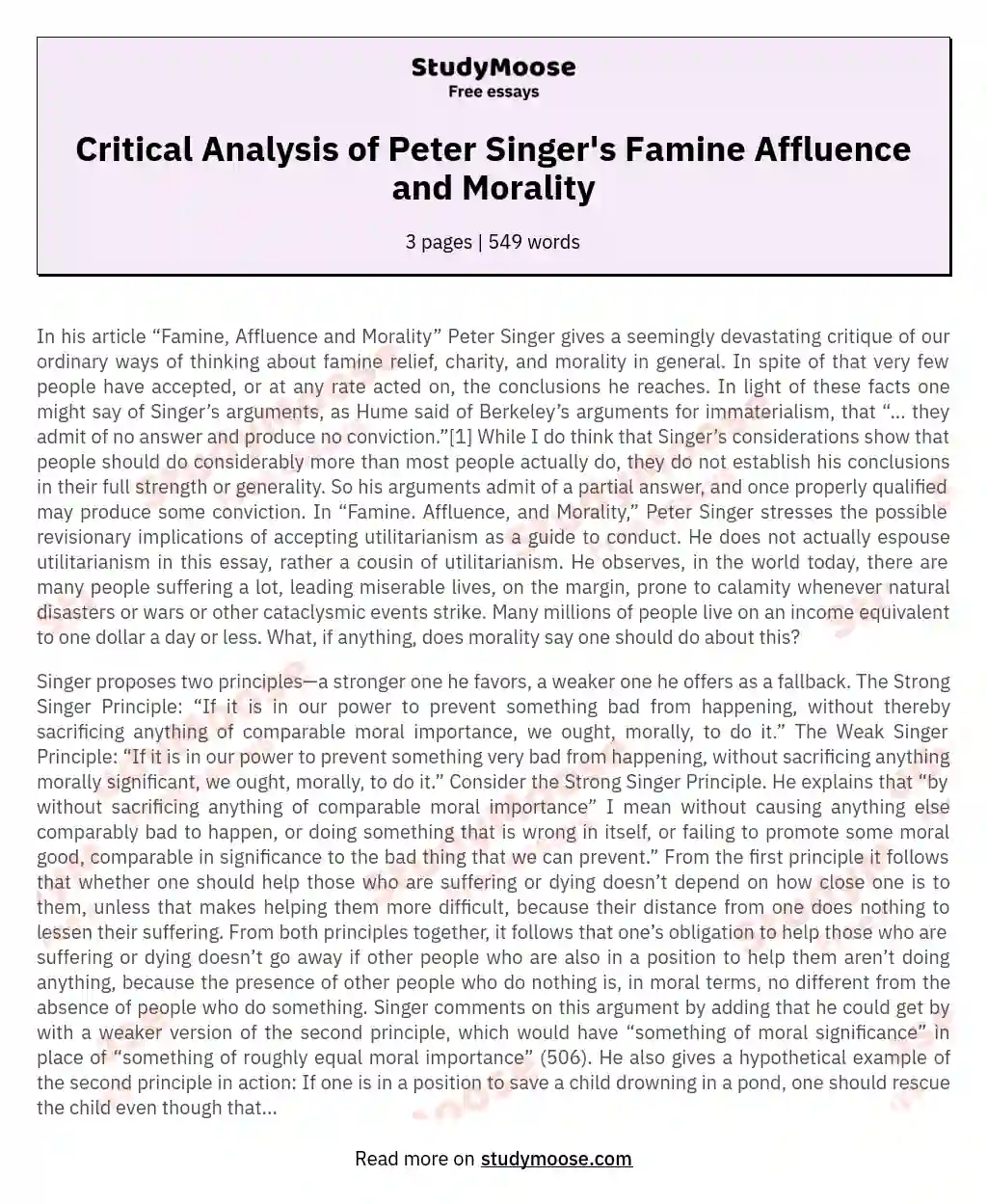 Critical Analysis of Peter Singer's Famine Affluence and Morality essay