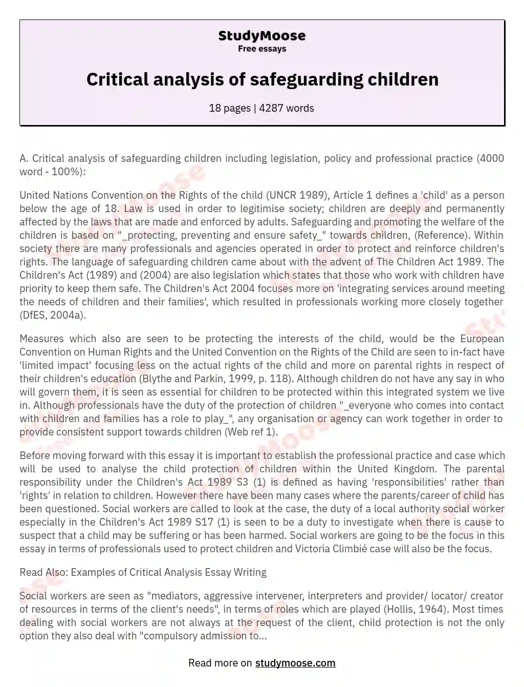 Critical analysis of safeguarding children essay