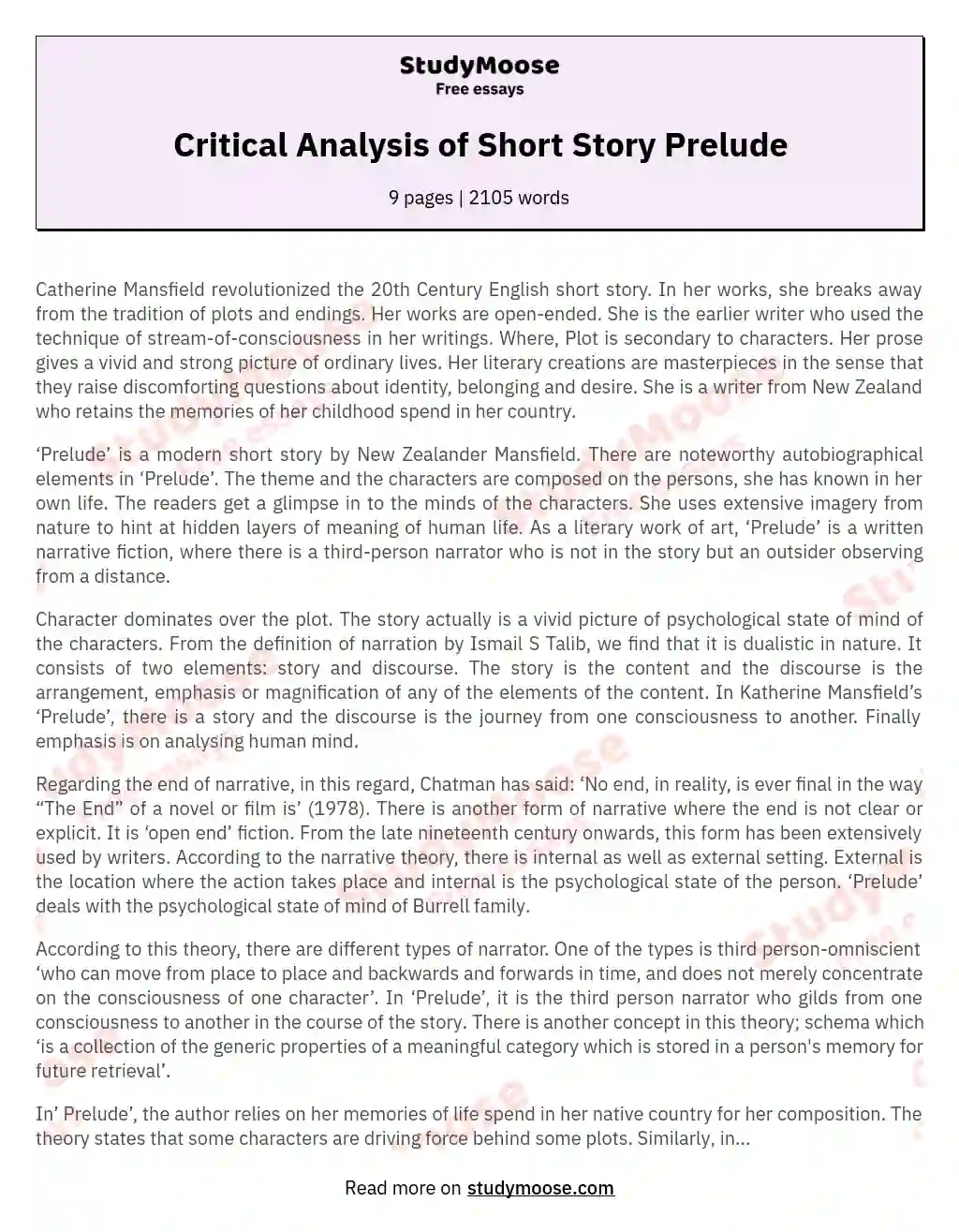 Critical Analysis of Short Story Prelude