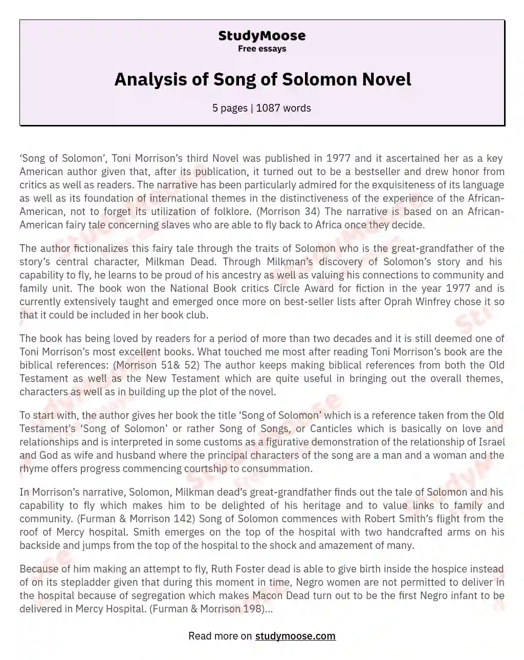 Analysis of Song of Solomon Novel