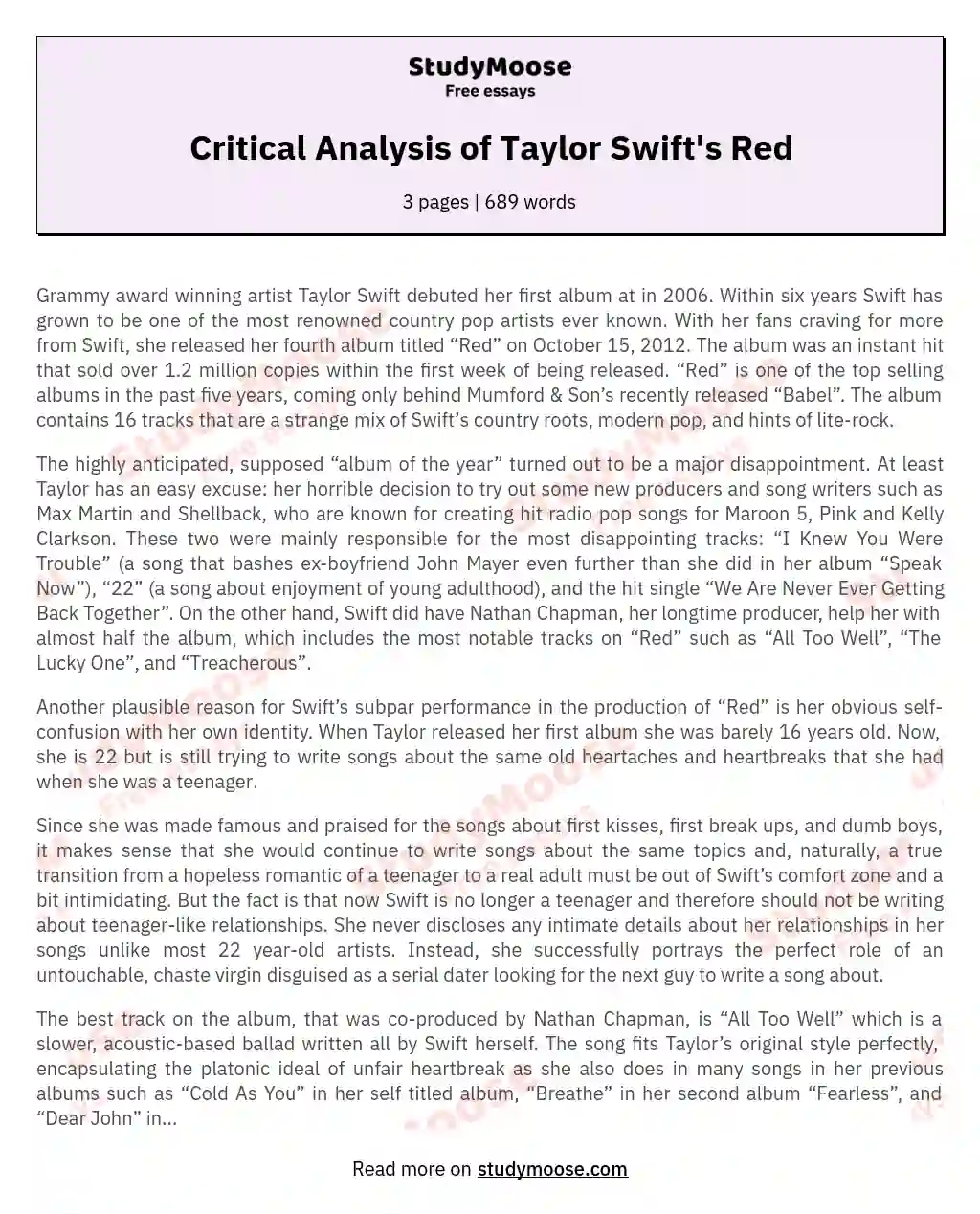 Critical Analysis of Taylor Swift's Red essay