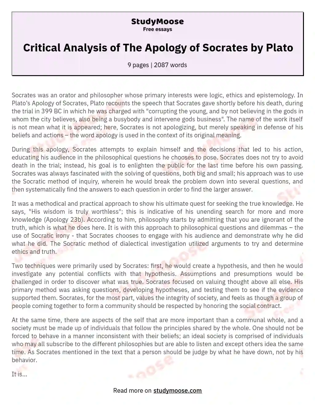 Critical Analysis of The Apology of Socrates by Plato essay