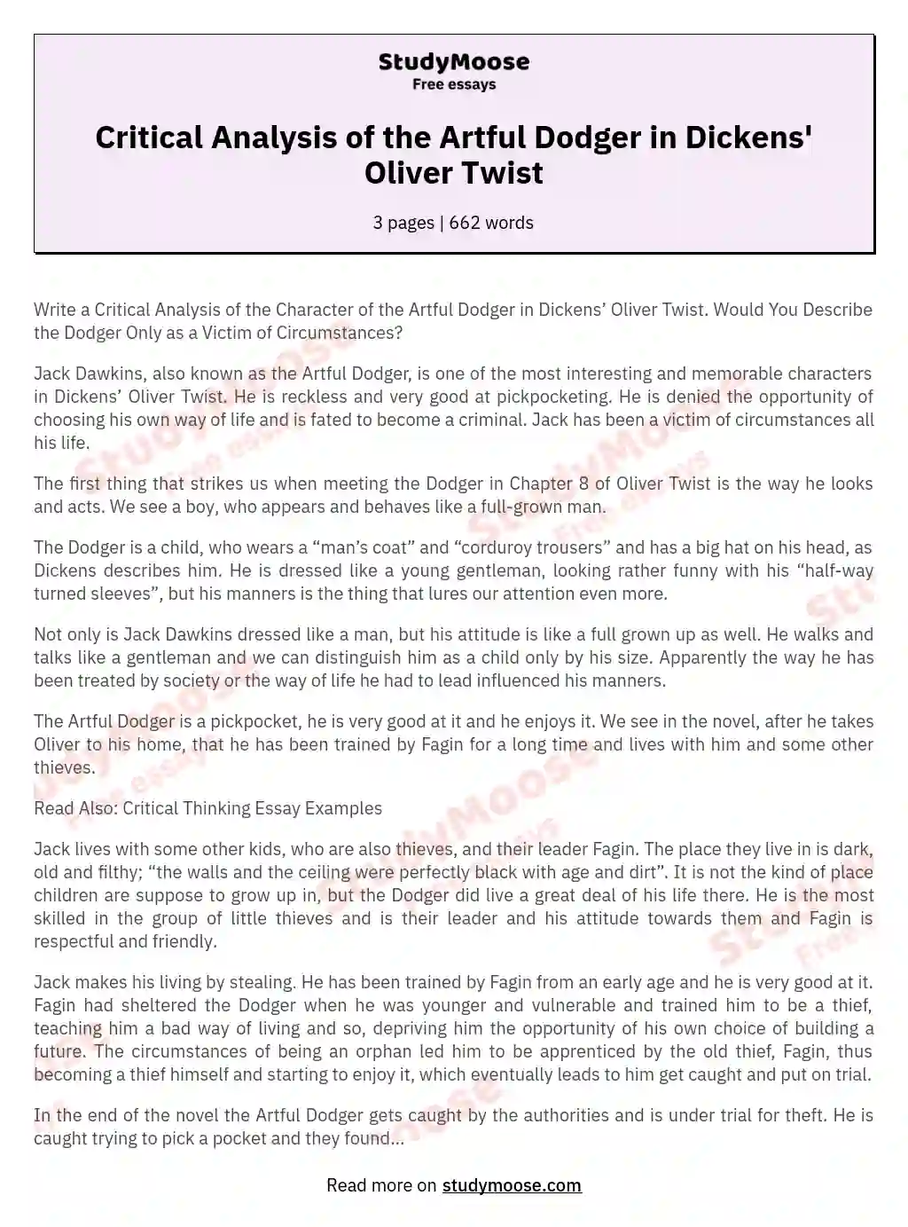 Critical Analysis of the Artful Dodger in Dickens' Oliver Twist essay