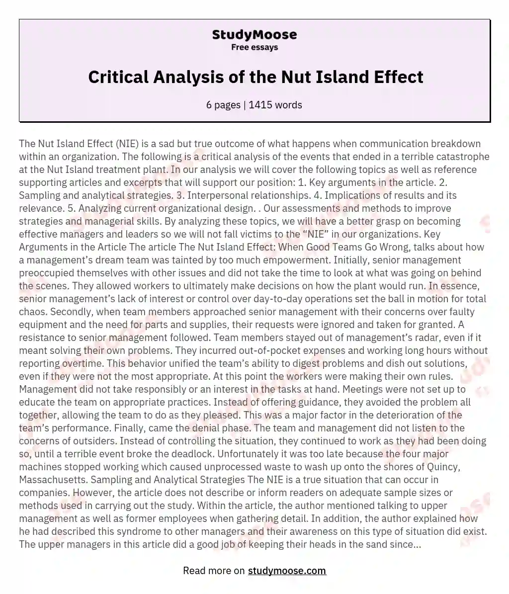 Critical Analysis of the Nut Island Effect essay