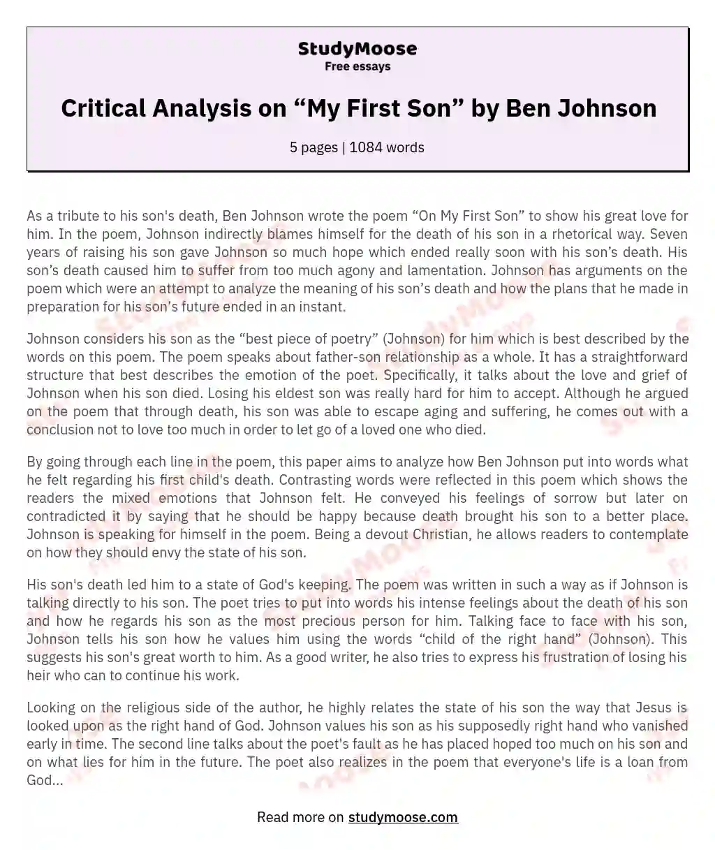 Critical Analysis on “My First Son” by Ben Johnson essay