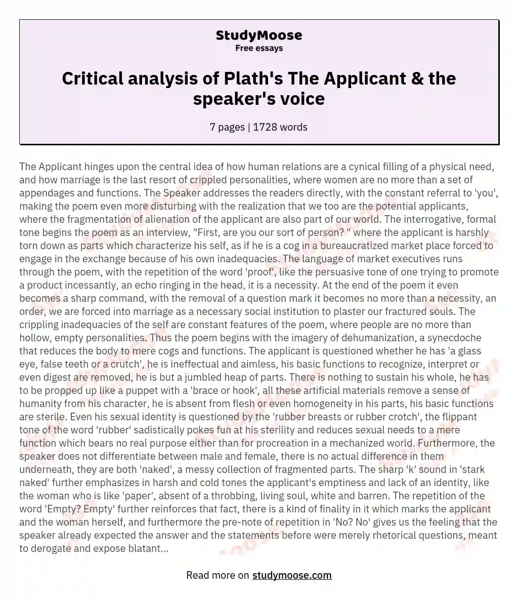 Critical analysis of Plath's The Applicant & the speaker's voice essay