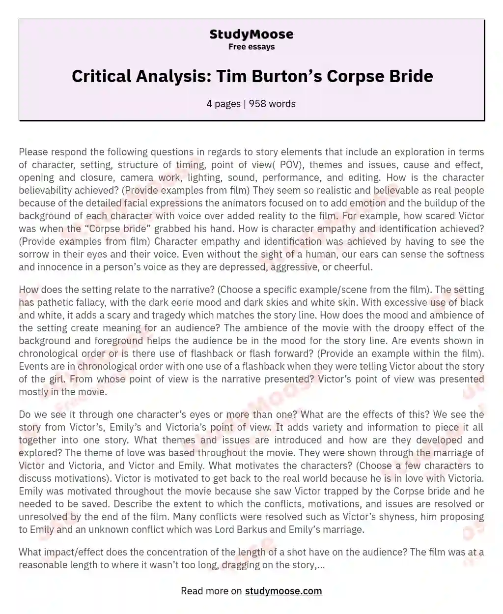 Critical Analysis: Tim Burton’s Corpse Bride