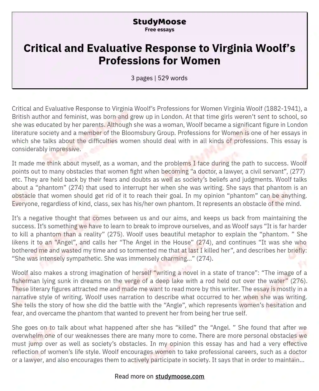 Critical and Evaluative Response to Virginia Woolf’s Professions for Women