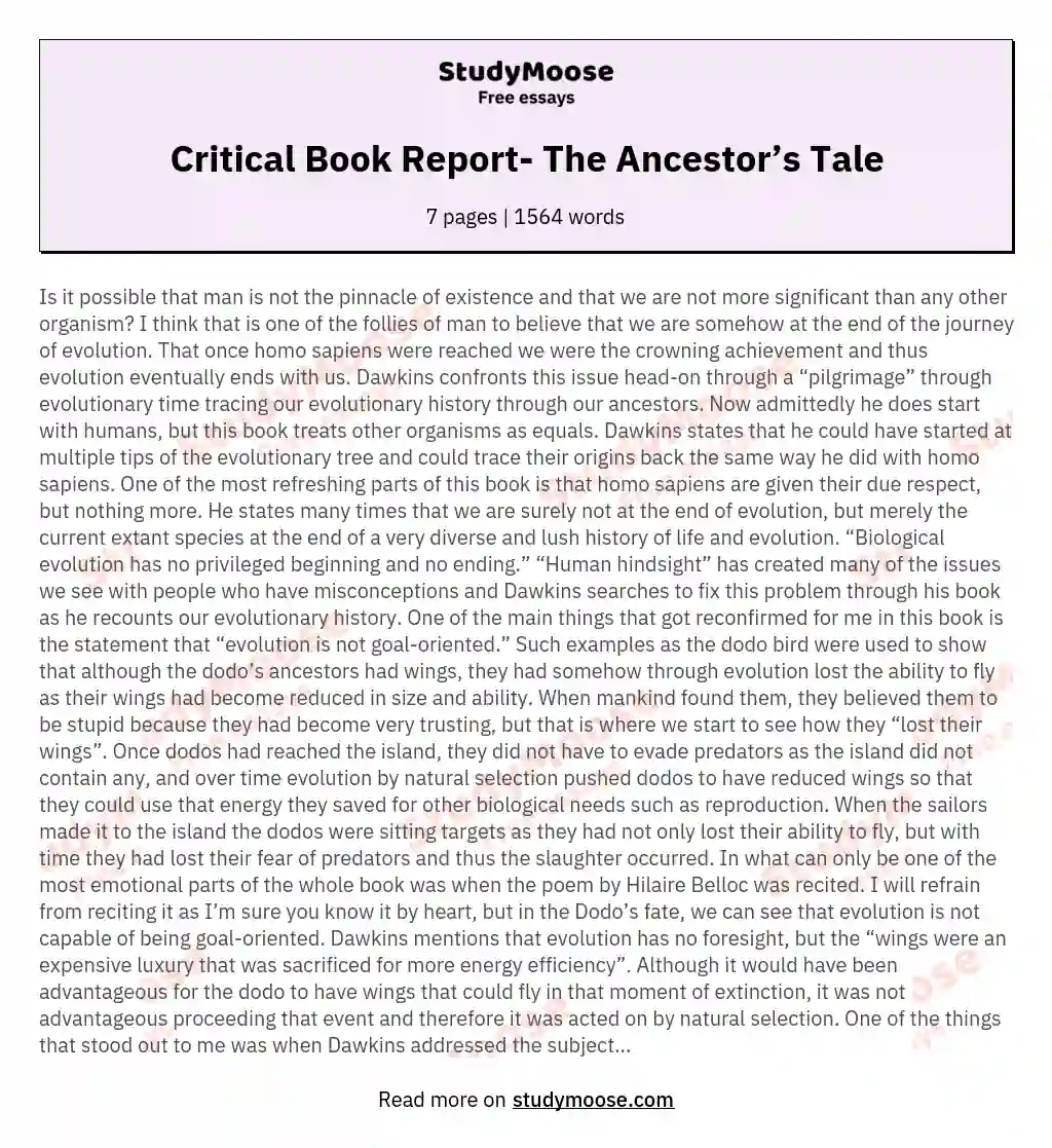 Critical Book Report- The Ancestor’s Tale essay