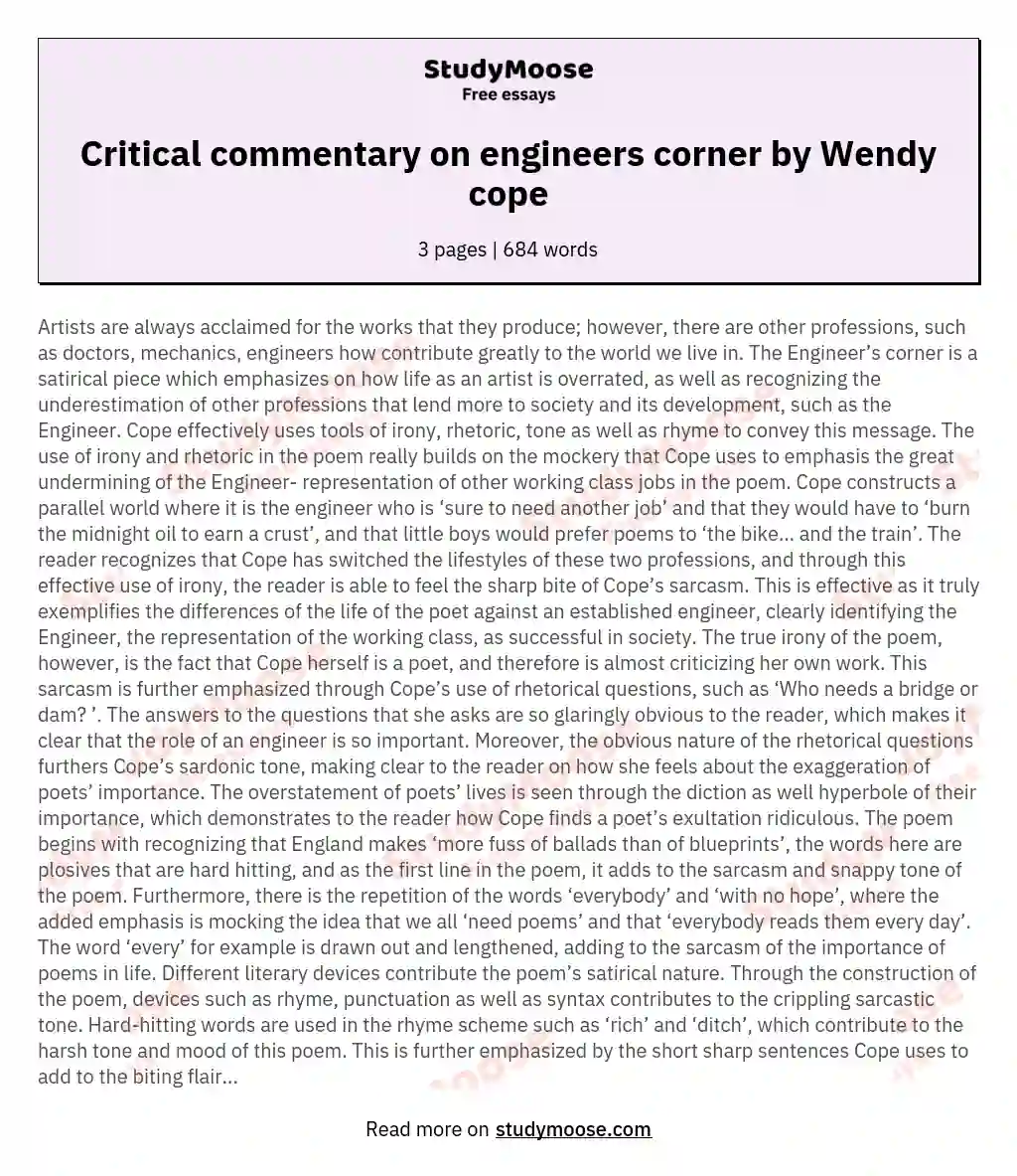 Critical commentary on engineers corner by Wendy cope