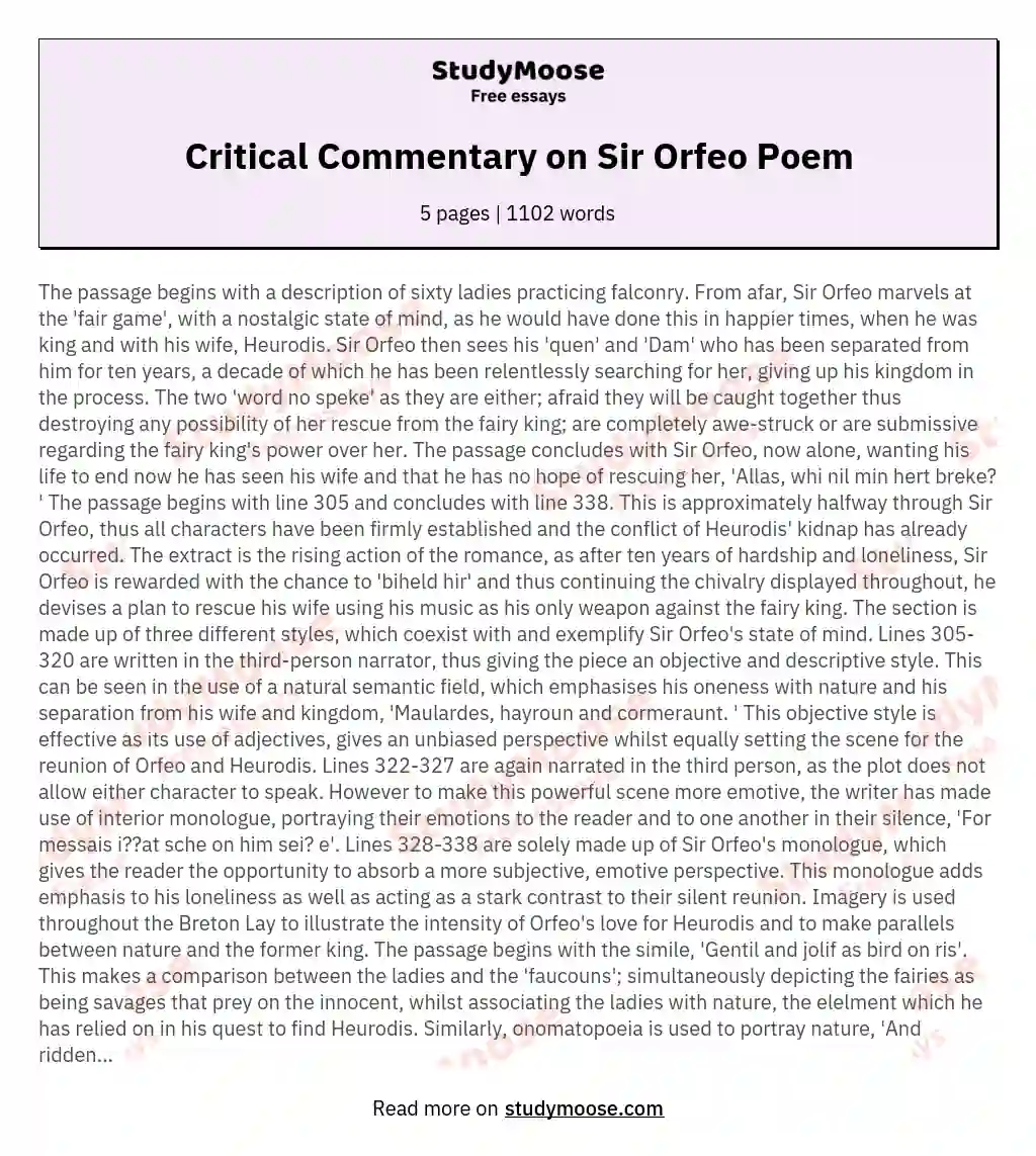 Critical Commentary on Sir Orfeo Poem essay