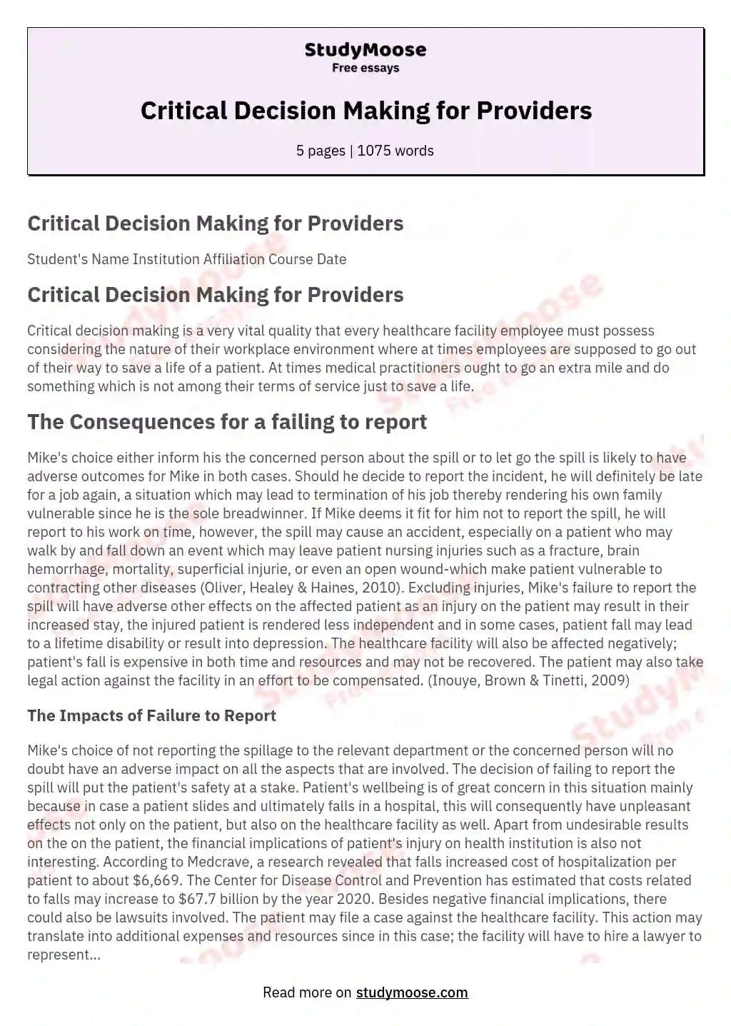 Critical Decision Making for Providers essay