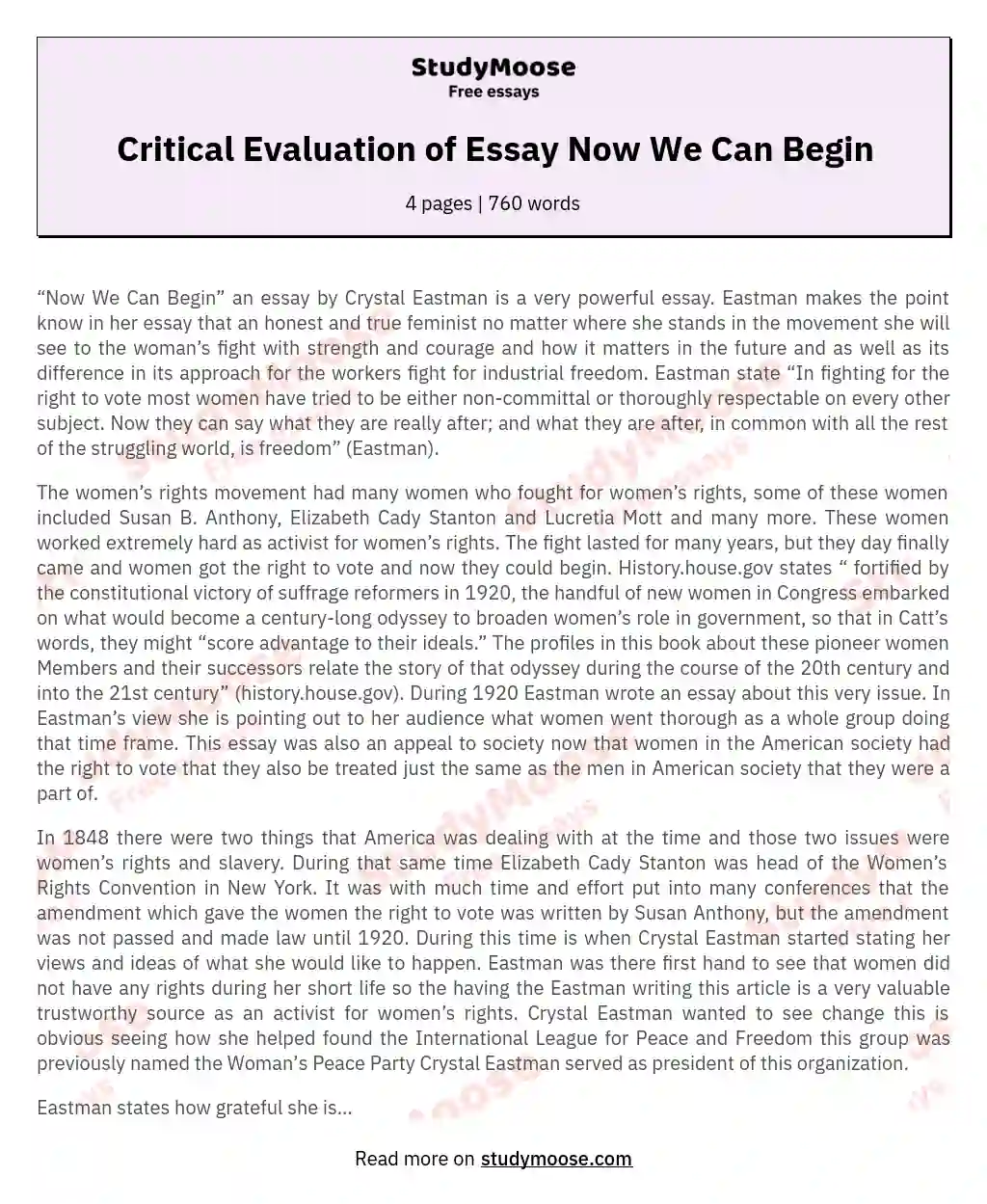 Critical Evaluation of Essay Now We Can Begin
