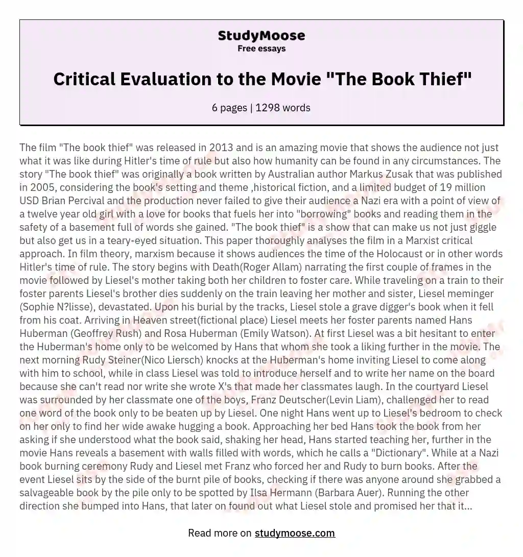 Critical Evaluation to the Movie "The Book Thief" essay