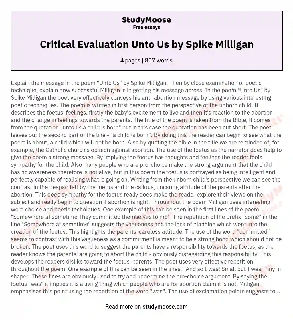 Critical Evaluation Unto Us by Spike Milligan essay