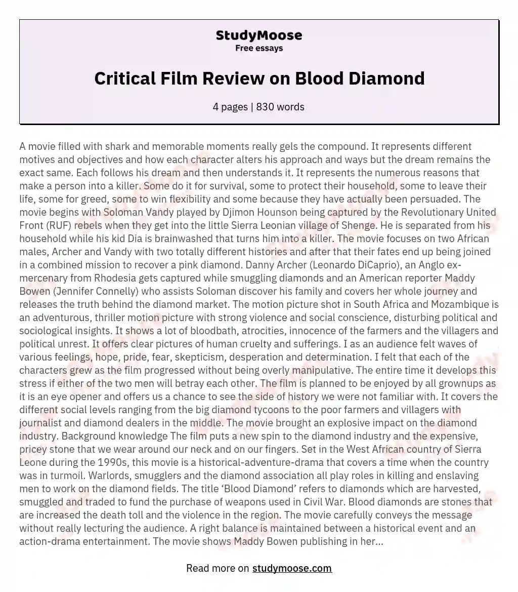 Critical Film Review on Blood Diamond essay