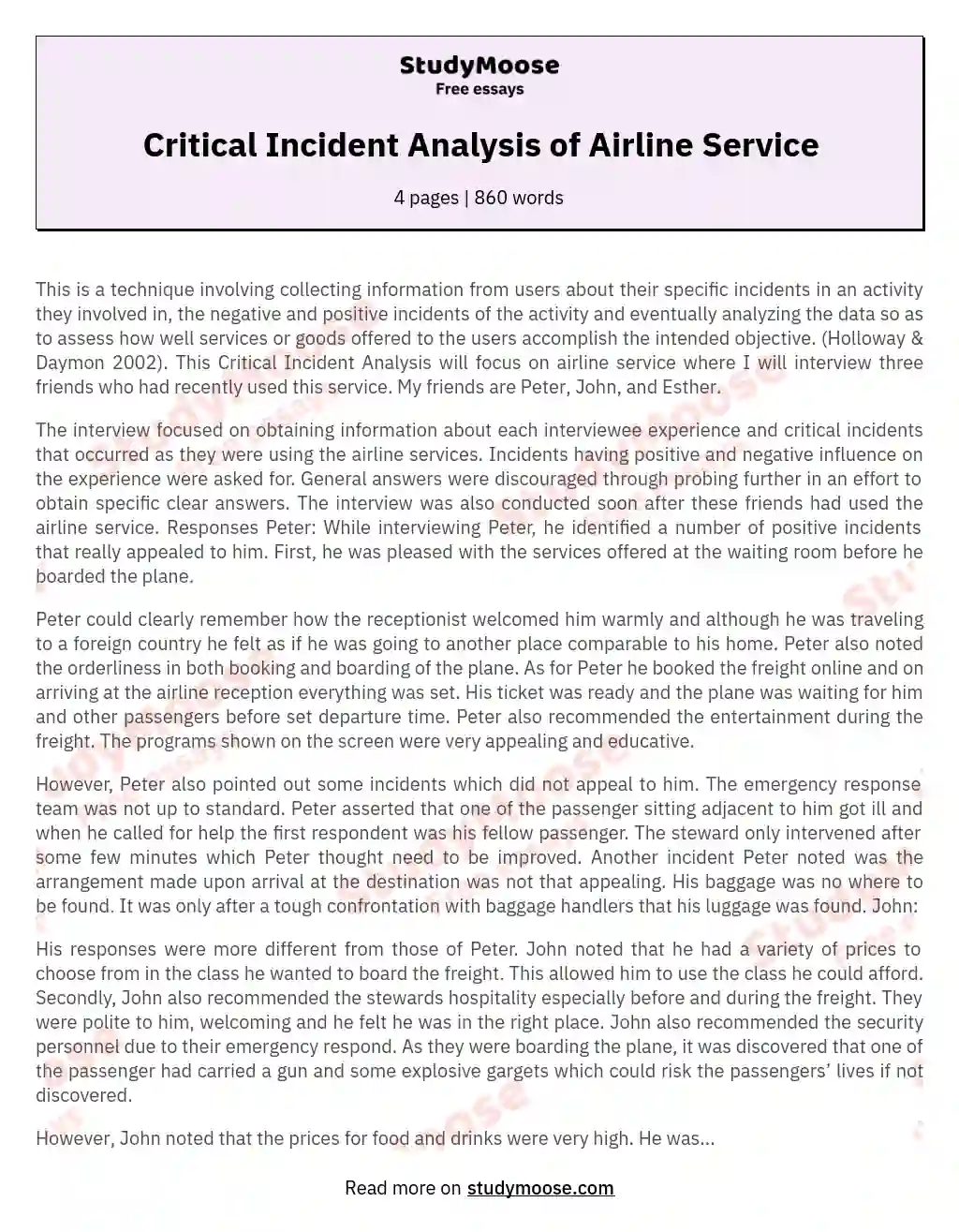 Critical Incident Analysis of Airline Service essay