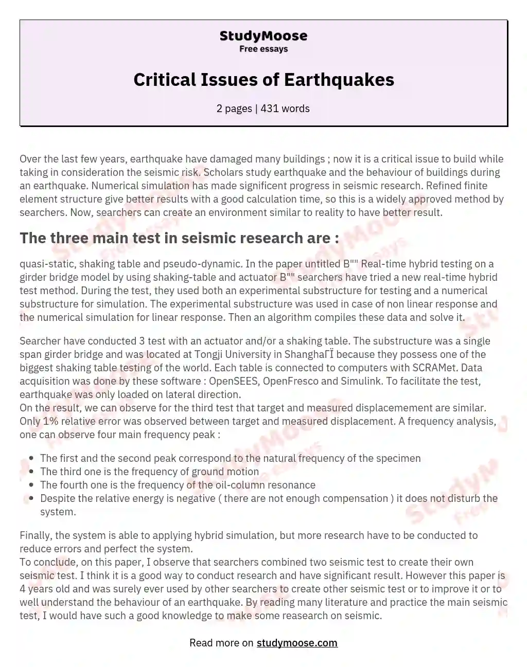 Critical Issues of Earthquakes