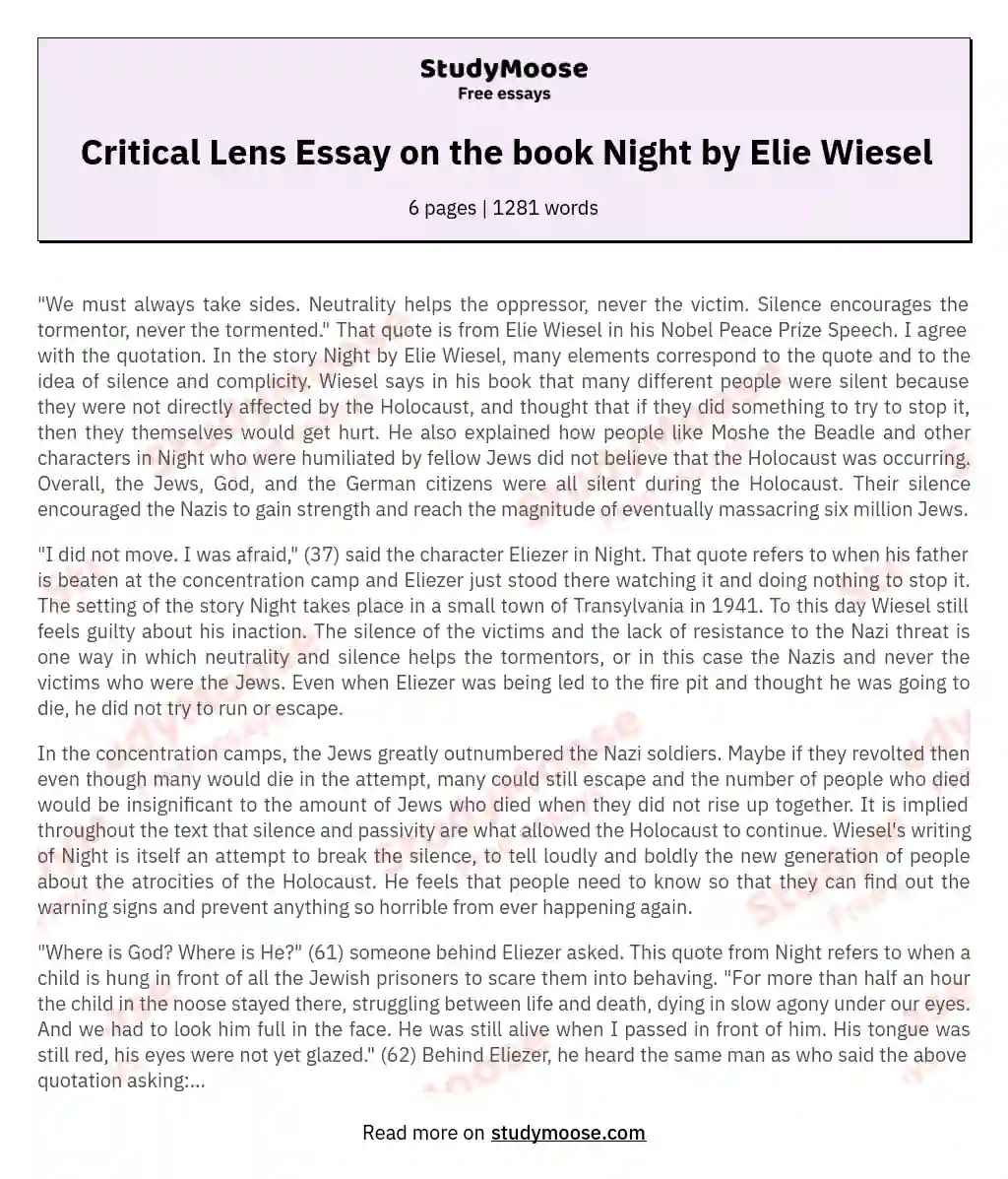 Critical Lens Essay on the book Night by Elie Wiesel