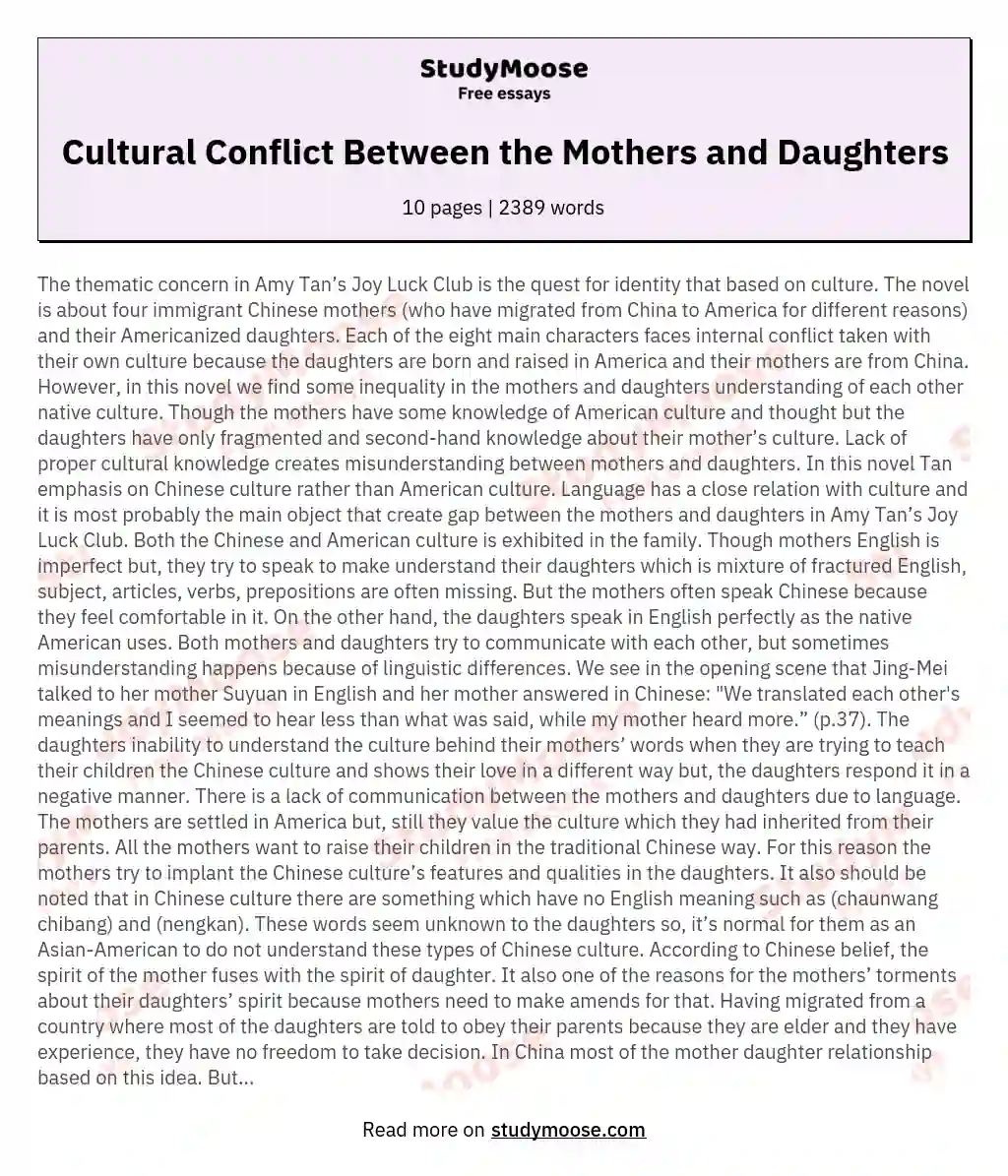 Cultural Conflict Between the Mothers and Daughters essay