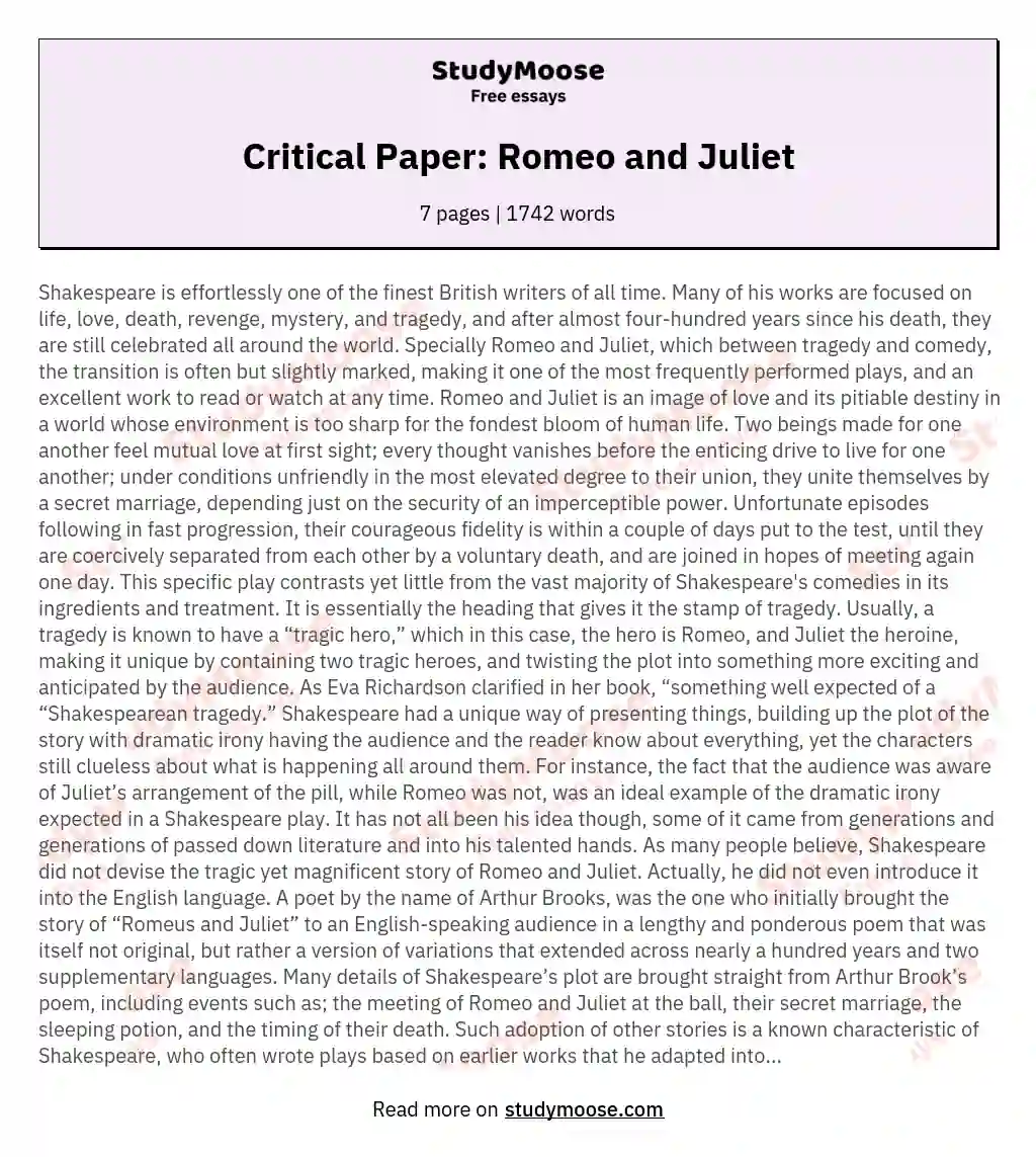 Critical Paper: Romeo and Juliet essay