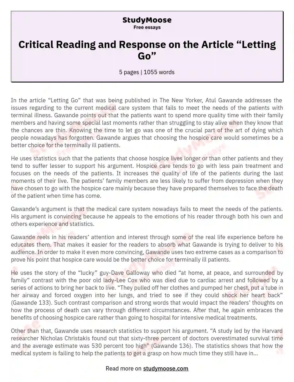 Critical Reading and Response on the Article “Letting Go” essay
