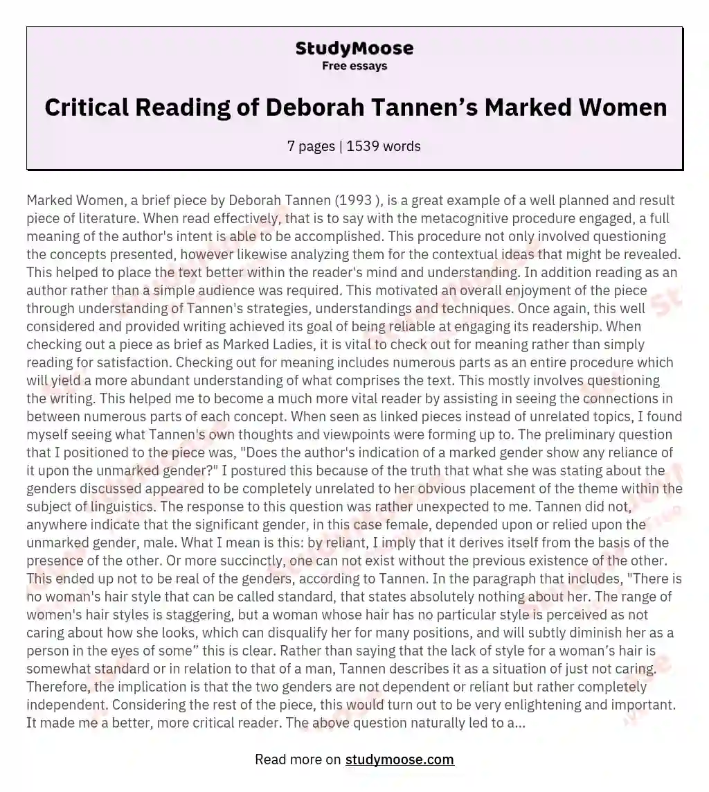 Critical Reading of Deborah Tannen’s Marked Women essay