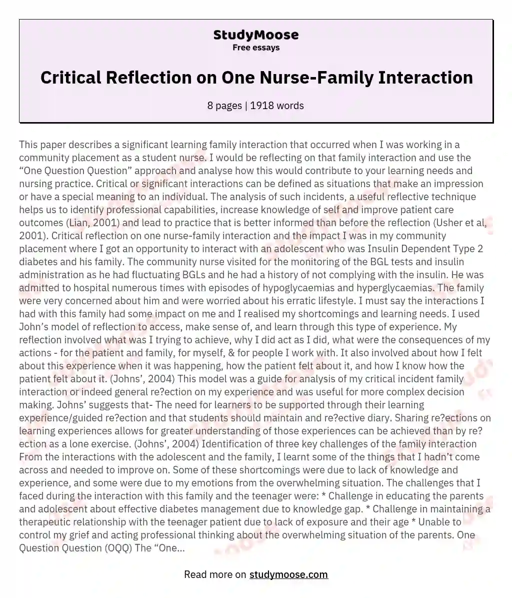 Critical Reflection on One Nurse-Family Interaction essay
