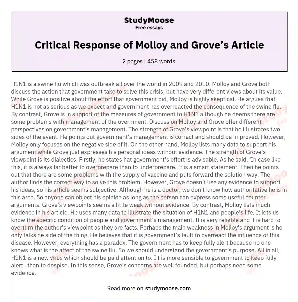 Critical Response of Molloy and Grove’s Article essay