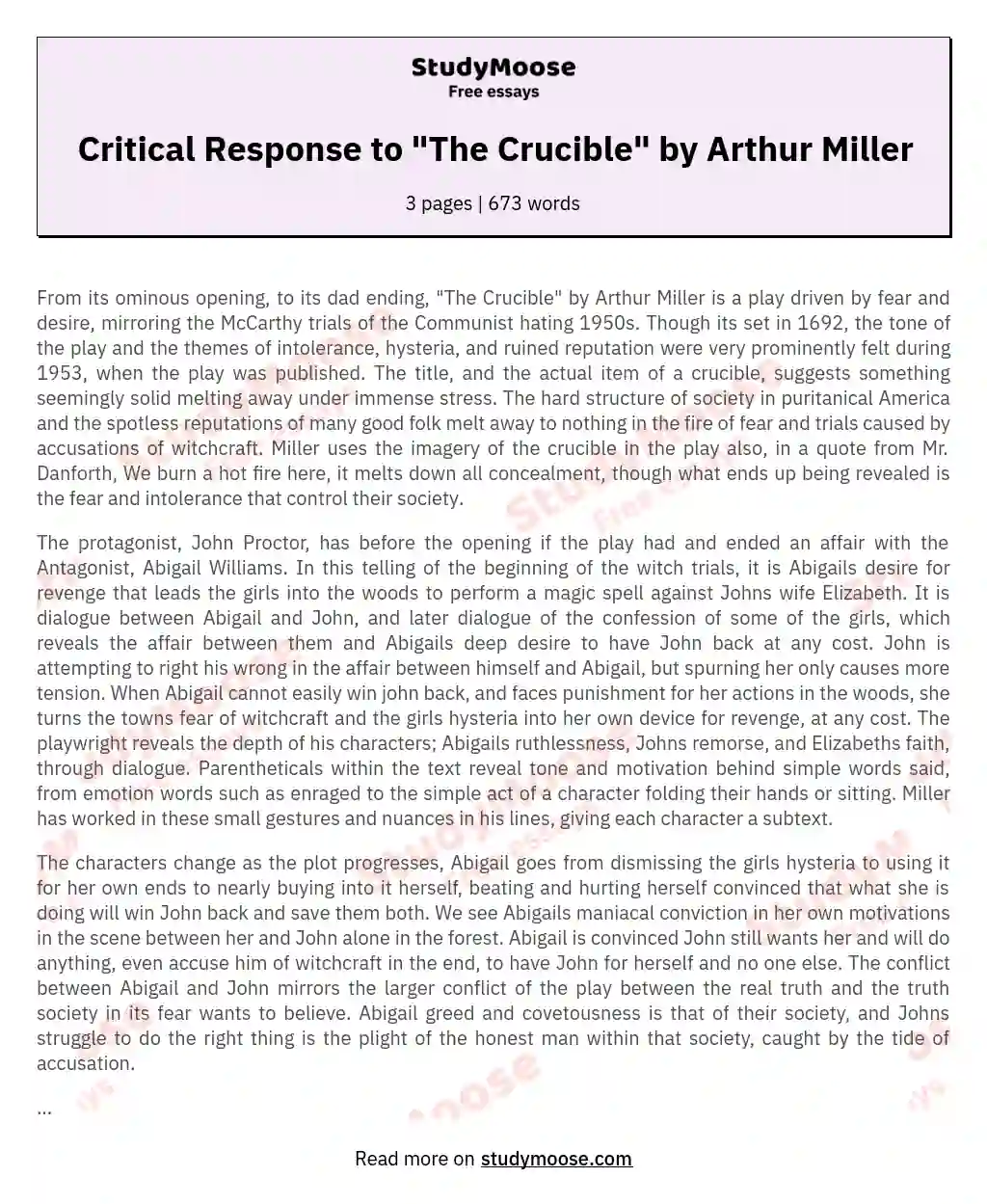 Critical Response to "The Crucible" by Arthur Miller essay