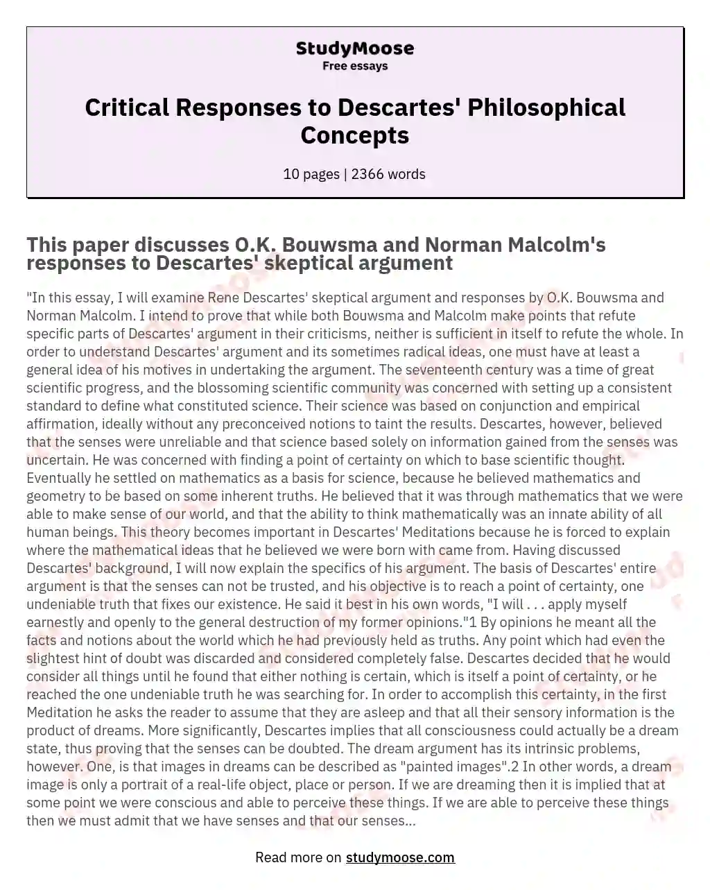 Critical Responses to Descartes' Philosophical Concepts essay