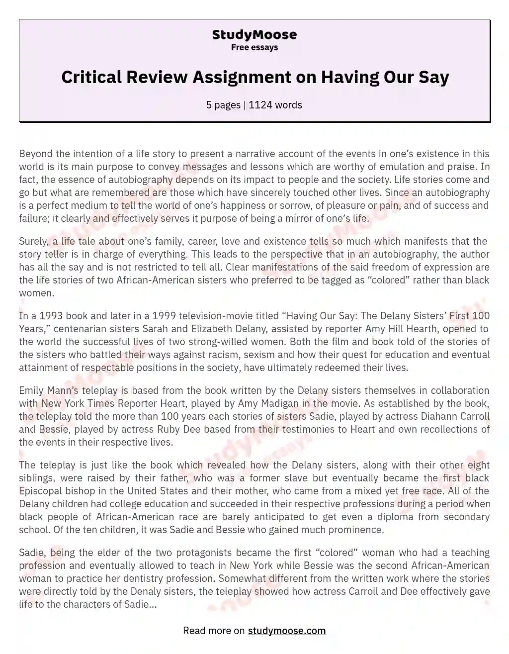 Critical Review Assignment on Having Our Say essay