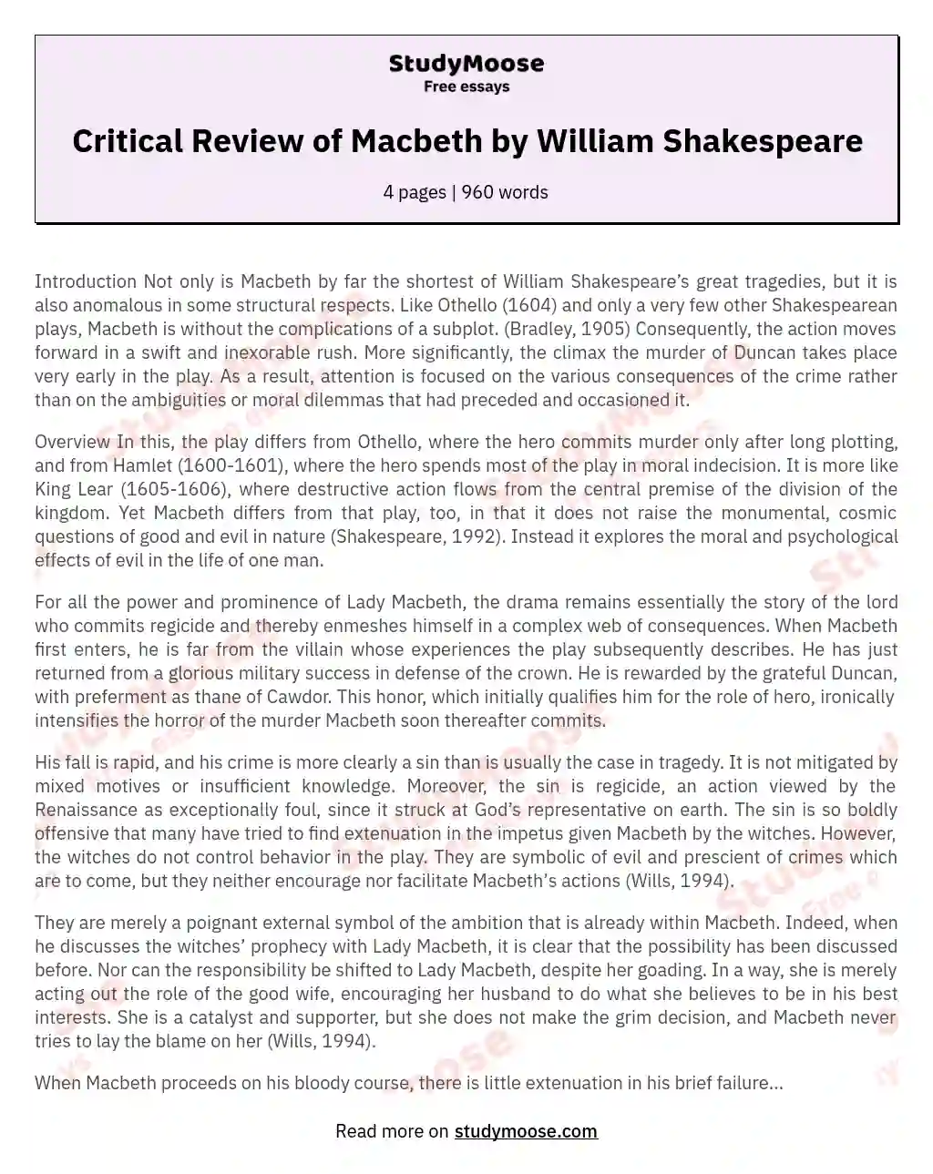 Critical Review of Macbeth by William Shakespeare essay