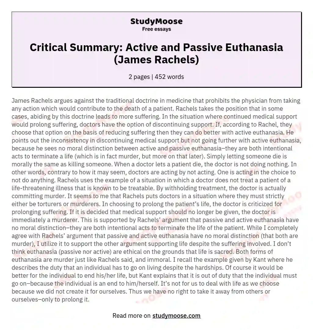 Critical Summary: Active and Passive Euthanasia (James Rachels)