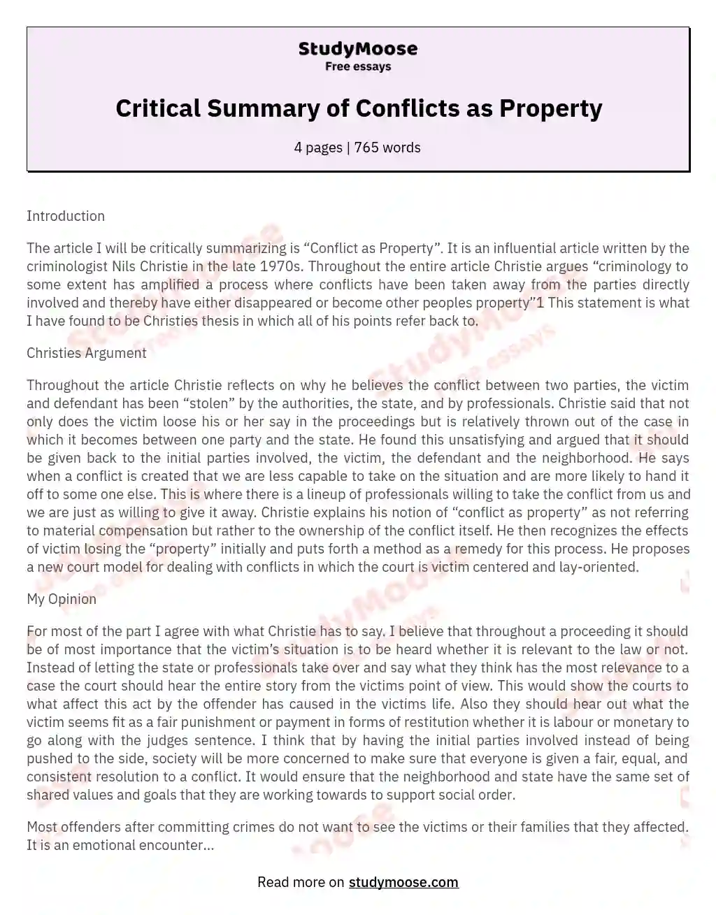 Critical Summary of Conflicts as Property essay