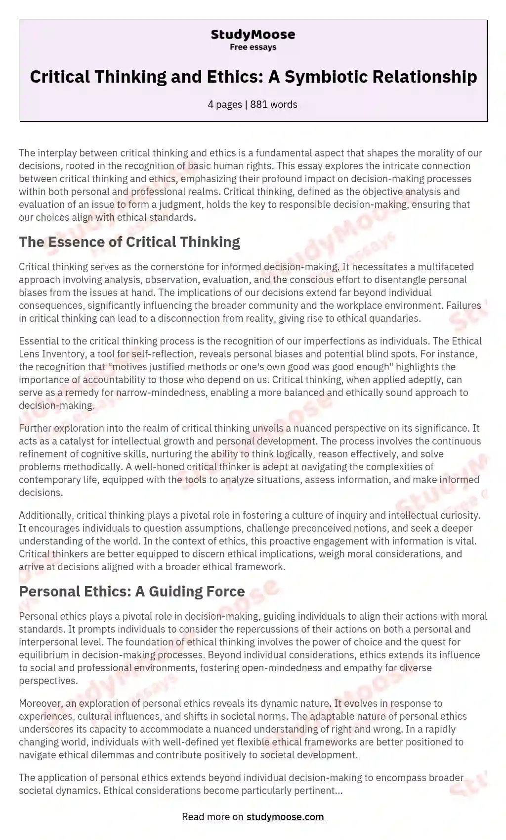 Critical Thinking and Ethics: A Symbiotic Relationship essay