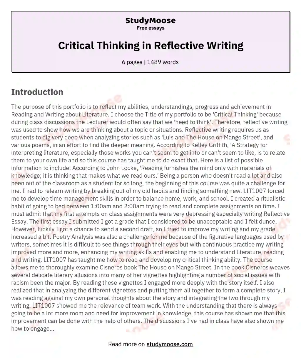 Critical Thinking in Reflective Writing essay