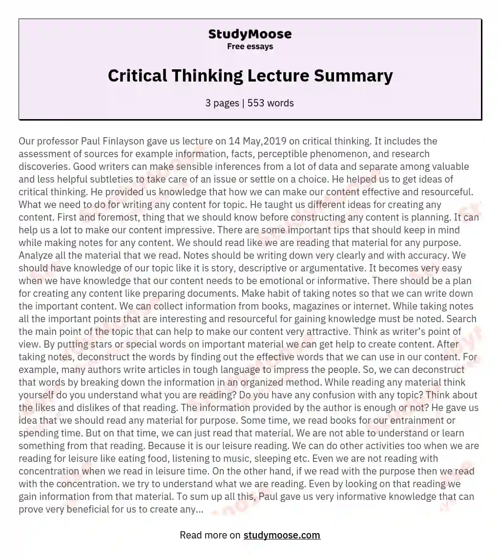 Critical Thinking Lecture Summary essay