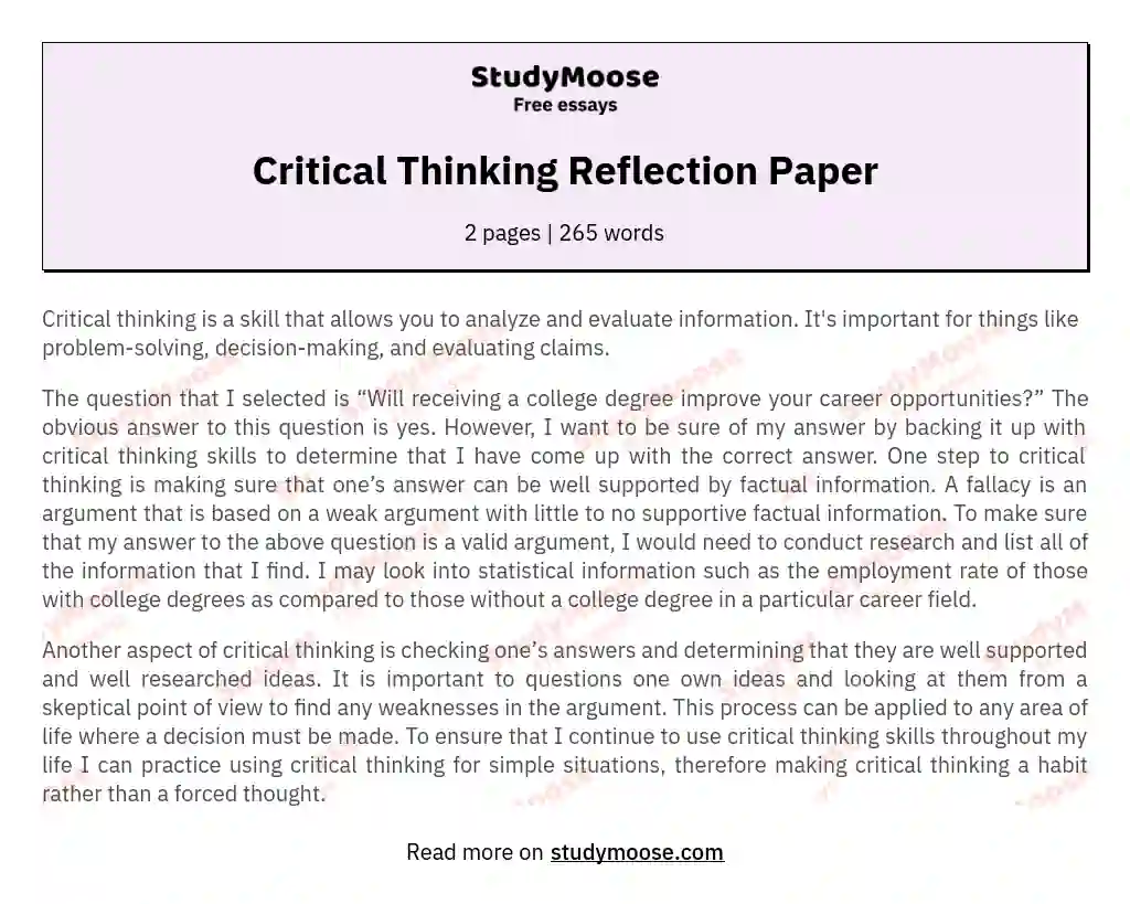 Critical Thinking Reflection Paper