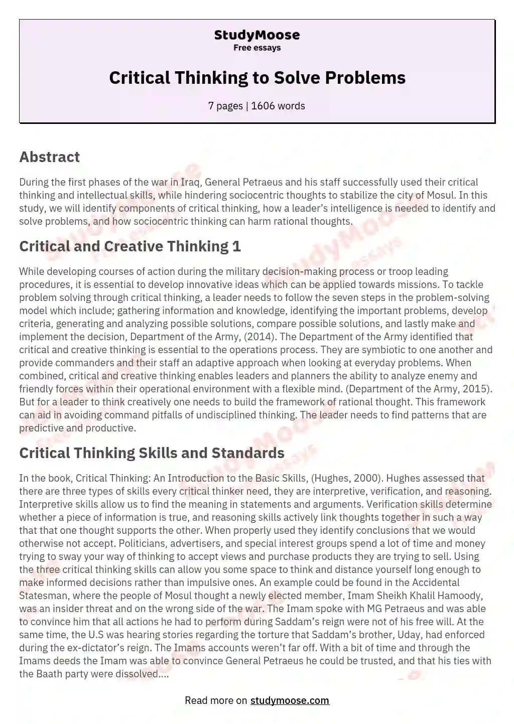 Critical Thinking to Solve Problems essay
